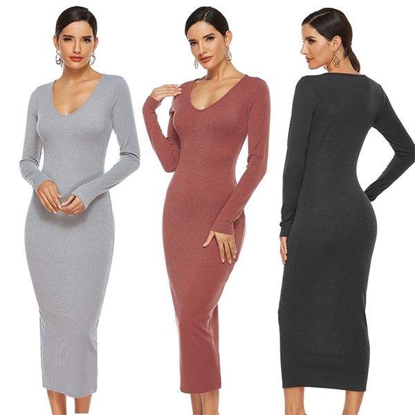 Mulheres outono inverno tricotado camisola longo vestido manga sólida v pescoço bodycon maxi festa mulher vestidos robe 210507