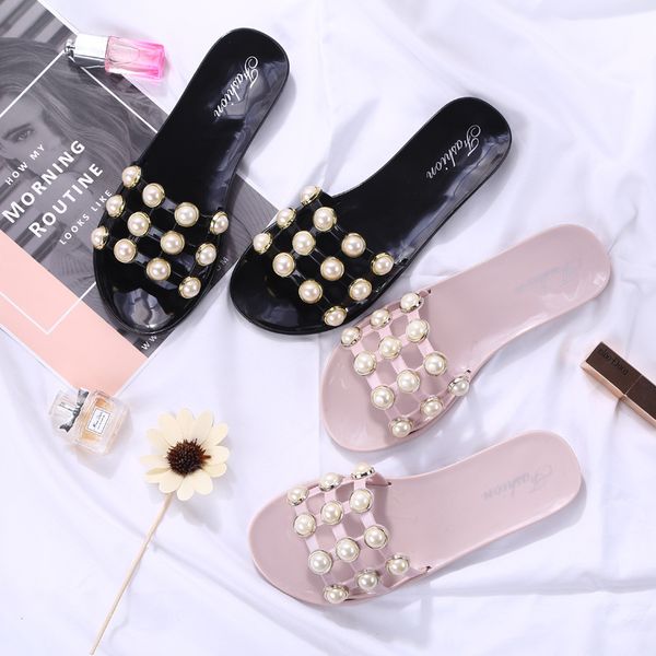 

stylish outer wear crystal beach pearl slippers womens korean version flat anti-slip slippers women shoes slipper women, Black