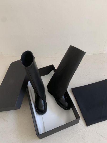 

boots genuine leather trouser long woman flat heels chic lady booties round toe pure color shoes chaussures femm, Black