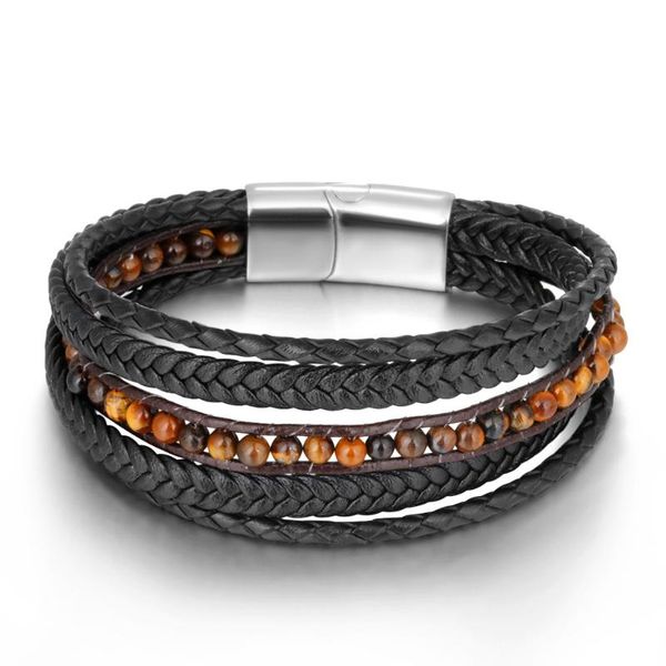 

hand-woven natural stone stainless steel magnetic buckle leather men's bracelet, wholesale jewelry, length 21.5cm black charm bracelets, Golden;silver