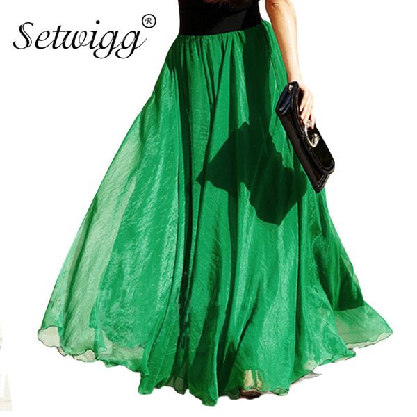 

skirts bohemian maxi long summer beach elastic waist shine voile pleated floor length sweet skirts 25 colors 85-100cm, Black