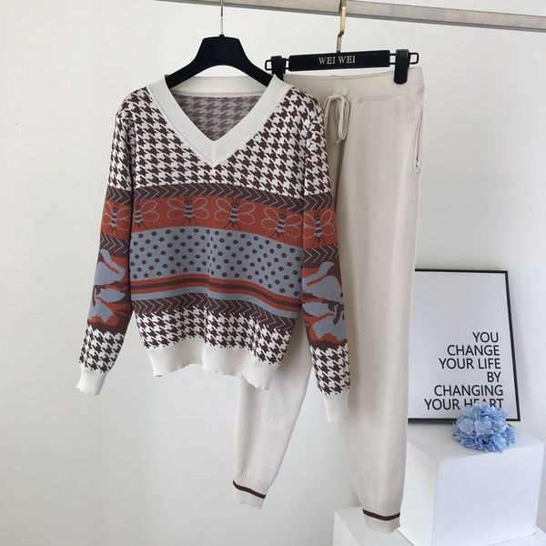 

women's tracksuits vintage printted long sleeve knitted 2 piece tracksuit women fashion jacquard loose pullover + stripe casual ha, Gray