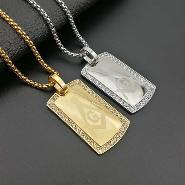 

pendant necklaces men's masonic dog tag necklace with cz men jewelry stainless steel ason gold tone hip hop accessories, Silver