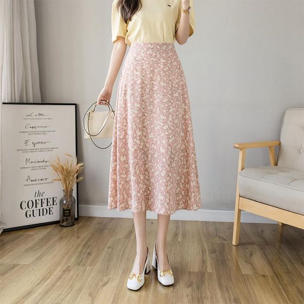 

chiffon floral skirt elegant female summer high waist korean style midi fashion loose black kawaii maxi skirts for women