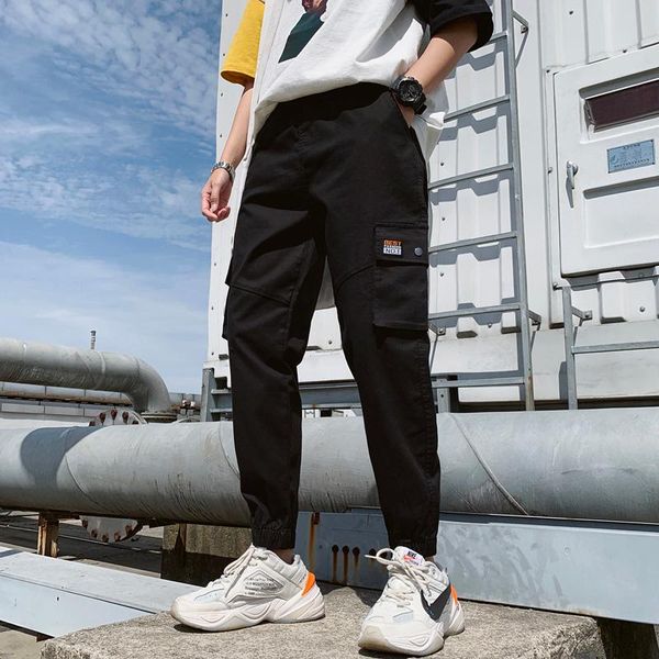 

men casual cargo pants elastic waist breathable clothing joggers running solid color trousers pantalones ropa hombre men's, Black