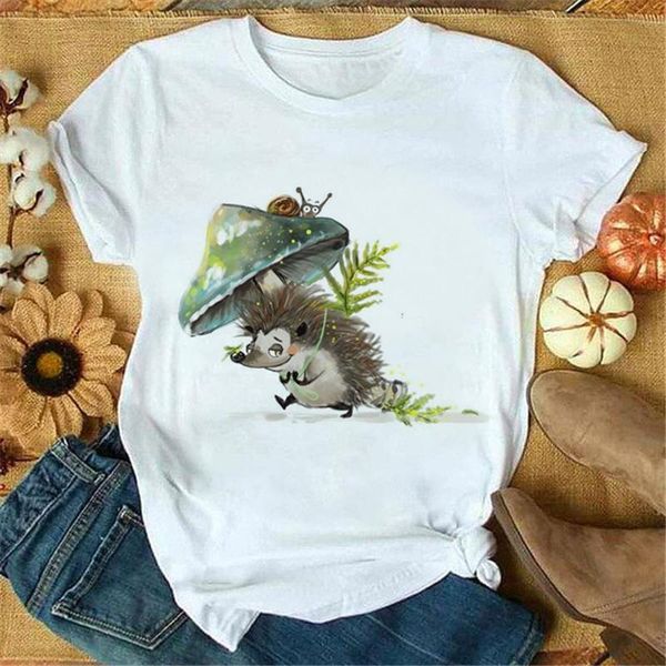 

women's t-shirt tshirt women summer cartoon ladies t shirt mushroon hedgehog print clothes tee female graphic woman, White
