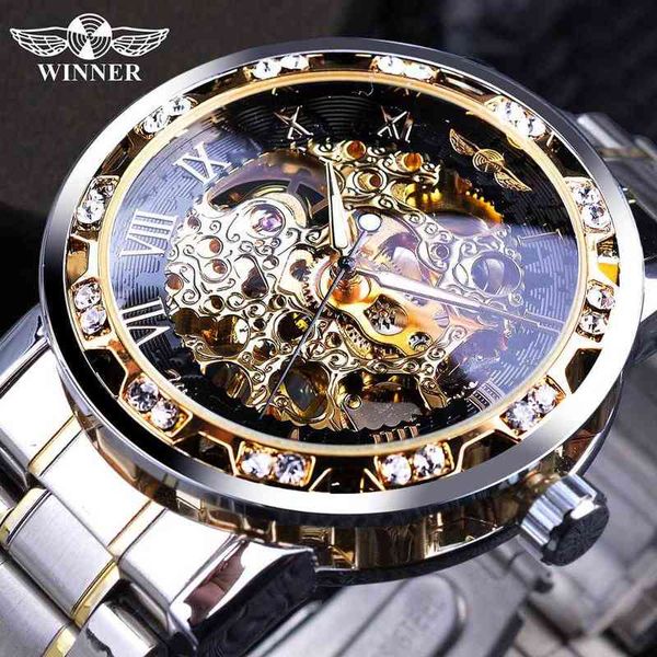 

winner transparent fashion diamond luminous gear movement royal design men brand luxury male mechanical skeleton wrist watch 211222, Slivery;brown