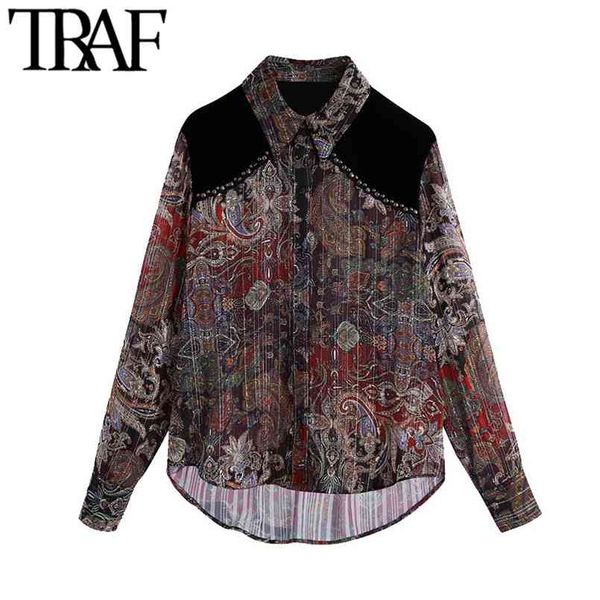 

traf women fashion semi-sheer metallic thread printed velvet blouses vintage long sleeve studs female shirts chic 210730, White