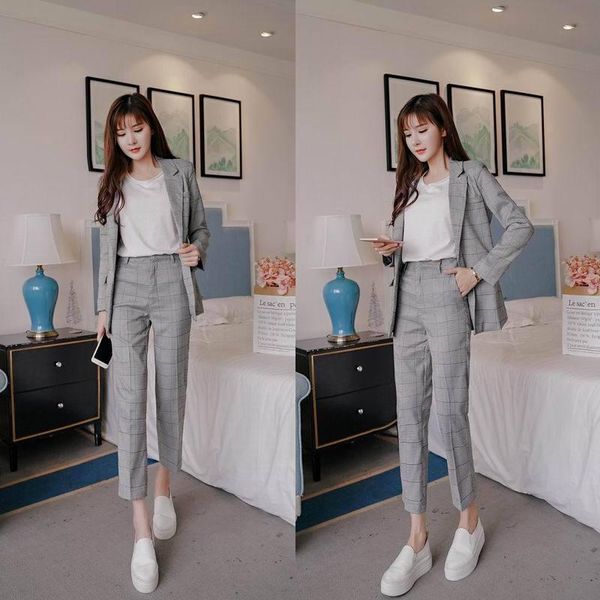 

suit female spring and autumn style temperament professional ol office plaid jacket + pants women's two-piece two piece, White