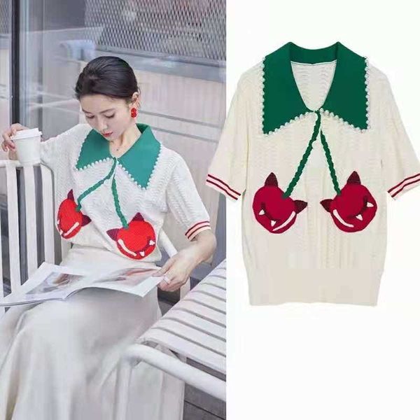 

summer doll collar knitted short sleeve t-shirt women's contrast color lapel cherry pearl little devil 210527, White