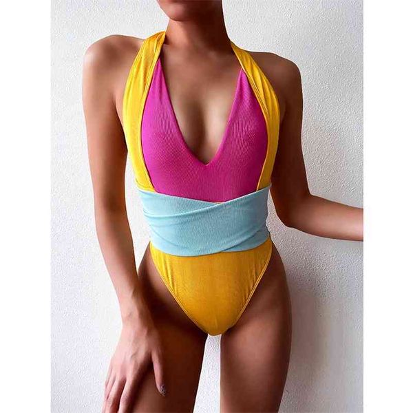 

deep v swimsuit women halter push up swimwear female patchwork bathing suits summer beach wear monokini 210521, White;black