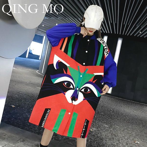 

women's blouses & shirts qing mo 2021 autumn women color matching cartoon raccoon plus size clothing long print full sleeve shirt dqm26, White