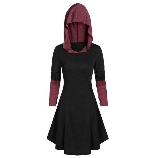 

casual dresses wipalo gothic style colorblock women hooded dress plus size patchwork long sleeve lace up retro female vestidos 2xl, Black;gray