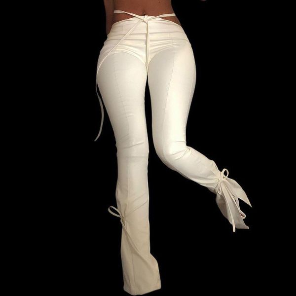 

women's pants & capris solid drawstring pencil women autumn pu leather skinny flare leg trousers streetwear female slim outfits 2021, Black;white