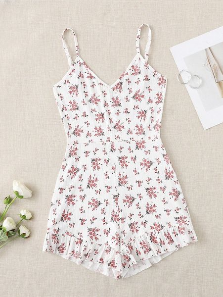 

allover floral ruffle hem cami romper f603#, White