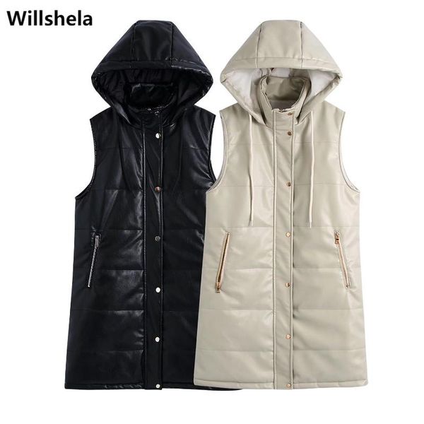

women's vests willshela women fashion hooded faux leather long waistcoat vest casual woman sleeveless pu jacket chic lady winter warm o, Black;white