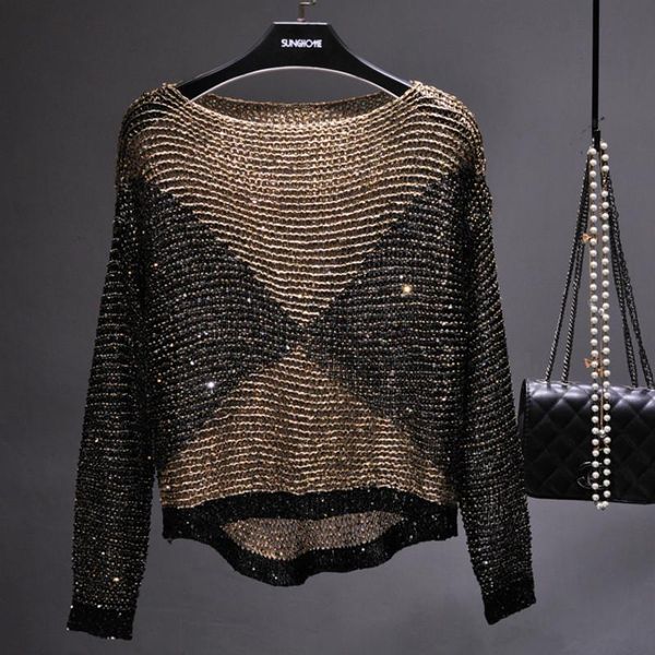 

hollow sequined loose sweater beading crocheted pullovers bright silk bottoming knitted shirts contrast color crop women's sweater, White;black