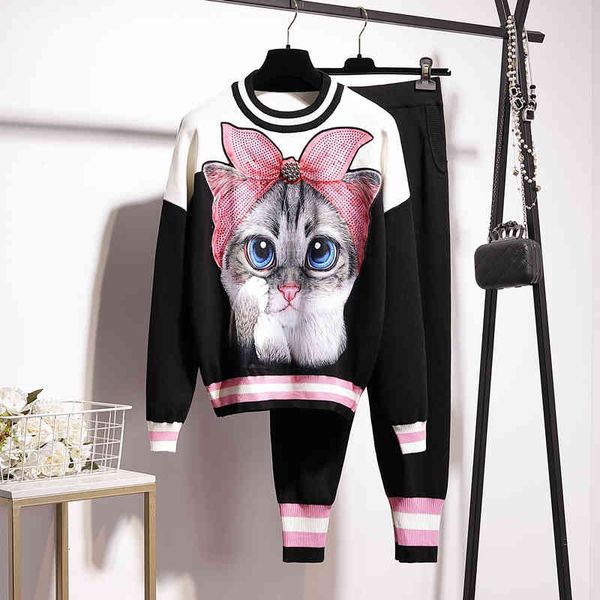 

women's two piece pants fashion tracksuit knitted outfits women 2pc beading cartoon print sweater long pencil set female loose knit sui, White