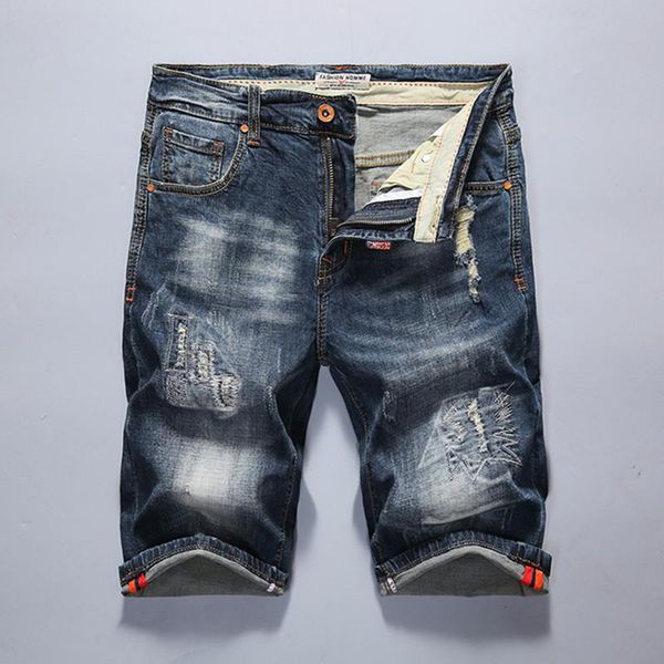 

denim shorts jeans men summer cotton hip hop knee-length slim blue pants soft ripped hole scratch casual male trousers men's, White;black