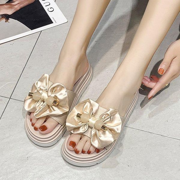 

bow platform slippers women thick sole slides summer open toe outdoor leisure beach black beige zapatos mujer
