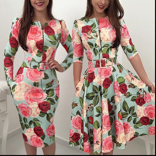 

autumn floral bandage bodycon womens dresses long sleeve mid calf with belt party casual s xl good quality, Black;gray