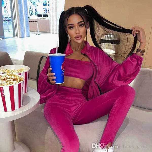 

korean velvet women tracksuits winter new velour slim fit sports three piece outfits sweatsuits zipper long sleeve jacket + trample pant set, Gray