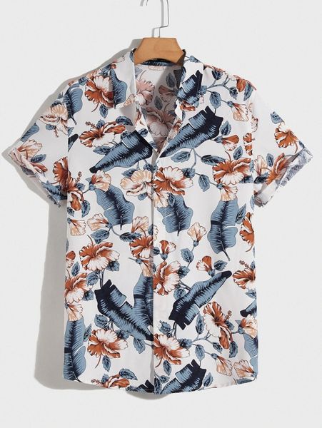

men tropical print button front collared shirt h91m#, White;black