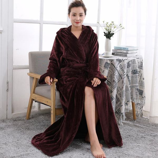 

women's sleepwear autumn and winter couples hooded nightgown men women thicken lengthen flannel bathrobe plus size warm pajamas, Black;red
