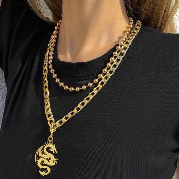 

chains punk gold color flying dragon pendant necklace hip hop thick beads chain women choker multilayer clavicle statement jewelry gift, Silver