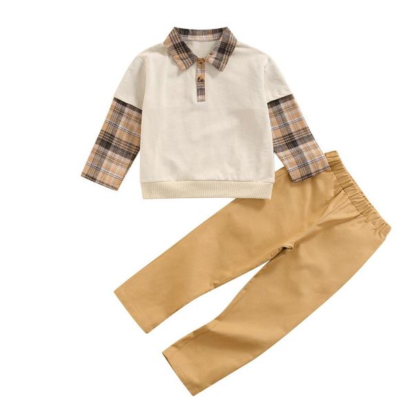 

clothing sets 2pcs autumn little boys plaid splicing lapel front button long sleeve solid color pants set outfits, White