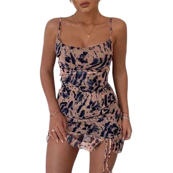 

fashion printed ruffle suspender skirt dress women's o-neck spaghetti strap animal tight party spring 210520, Black;gray