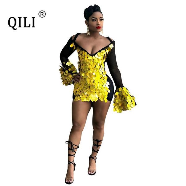 

casual dresses qili women big sequined dress cold shoulderr flare sleeve mini party gold sequin elegant lady, Black;gray