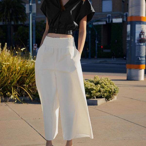 

women's pants & capris elina casual wide leg women fashion solid white trousers elegant loose elastic waist female ladies gj, Black;white