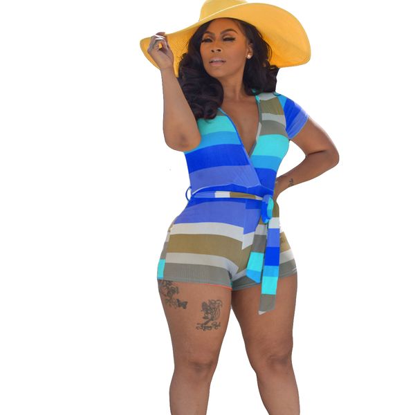 

multicolored stripes shorts jumpsuits summer ins deep v neck short sleeves tight playsuits for sports beach holidays party, Black;white