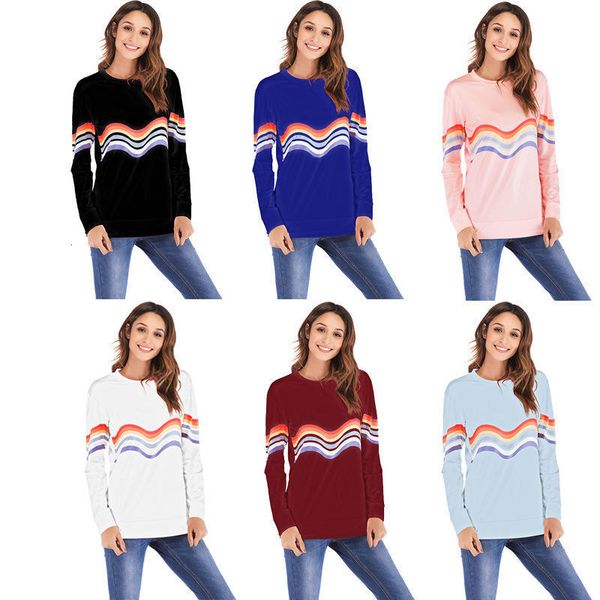 

women's t-shirt womens autumn and winter casual wave printing blouses loose round neck comfort long sleeves t-shirts l5qc, White