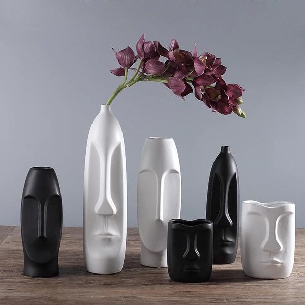 Vasi Astratti moderni in bianco e nero Volto umano Vaso di fiori in ceramica Decorazione domestica Tavolo da soggiorno Figue Head Shape NO.24