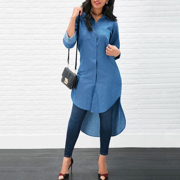 

women long sleeve blue shirt blouse ladies casual plain ol work chemise turn-down collar women's blouses & shirts, White