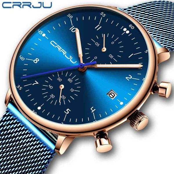 

relogio masculino crrju brand luxury men stainless steel wristwatch men's waterproof calendar chronograph quartz watches 210517, Slivery;brown