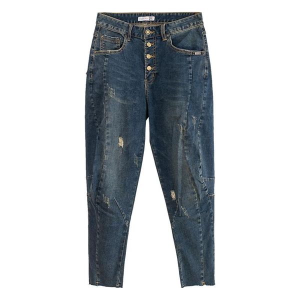 

fall spring fashion womens high waisted button ripped hole harem denim pants , stretch jeans trousers for women women's, Blue