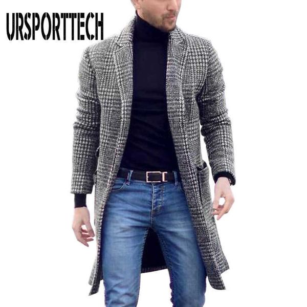 

autumn winter vintage mens plaid lapel collar midi woolen coat warm slim cardigan coat fashion men hoodie thick long wool coat 210528, Black