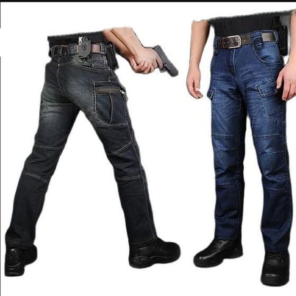 

men's jeans men tactical trousers comfortable length pants multi pockets stretch denim, Blue