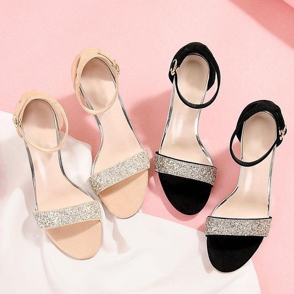 

sandals 2021 summer versatile water diamond one-word belt korean edition fashion sandal web celebrity french high heels female chunk, Black