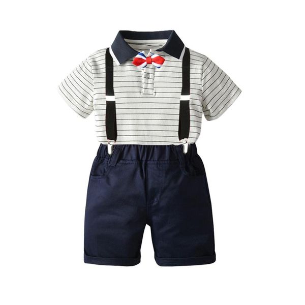 

clothing sets 2021 boys casual four-piece clothes set white short sleeve shirt + shorts suspender bow tie