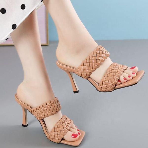 

9cm high heels slippers women's knitted shoes sandals open square toe pumps, Black