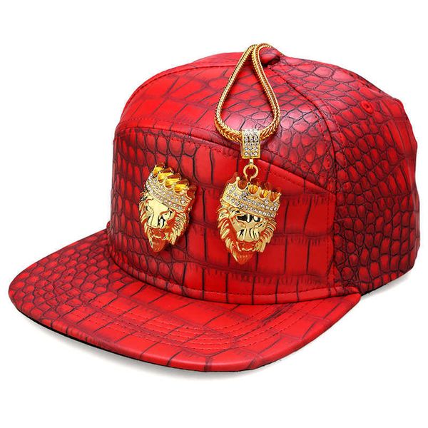 Hip Hop Taç Aslan Kafası PU Deri Beyzbol Şapkası Rap 5 Panel Metal Rahat Kemer Toka Snapback Şapkalar Erkekler Siyah Kırmızı Altın Q0911