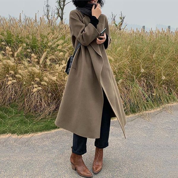 

women's wool & blends [ewq] autumn winter women middle long korean simple casual single button lapel coat loose thin woolen female 2021, Black