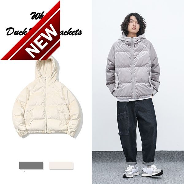 

winter men's soft corduroy puffer jackets loose hooded japan style white duck down coats male thick fashion streetwear jk-905, Black