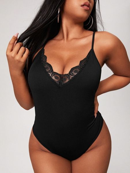 

plus contrast lace slim fit cami bodysuit w7yw#, Black