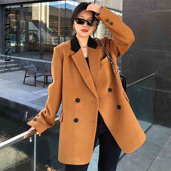 

contrast color balzer women's spring lapel british style brown yellow with black collar woolen suit coat 5a761 210427, White;black