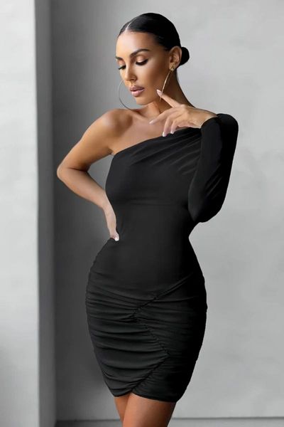 

casual dresses women summer one shoulder long sleeve pink black mini dress 2021 designer fashion evening party club vestido, Black;gray